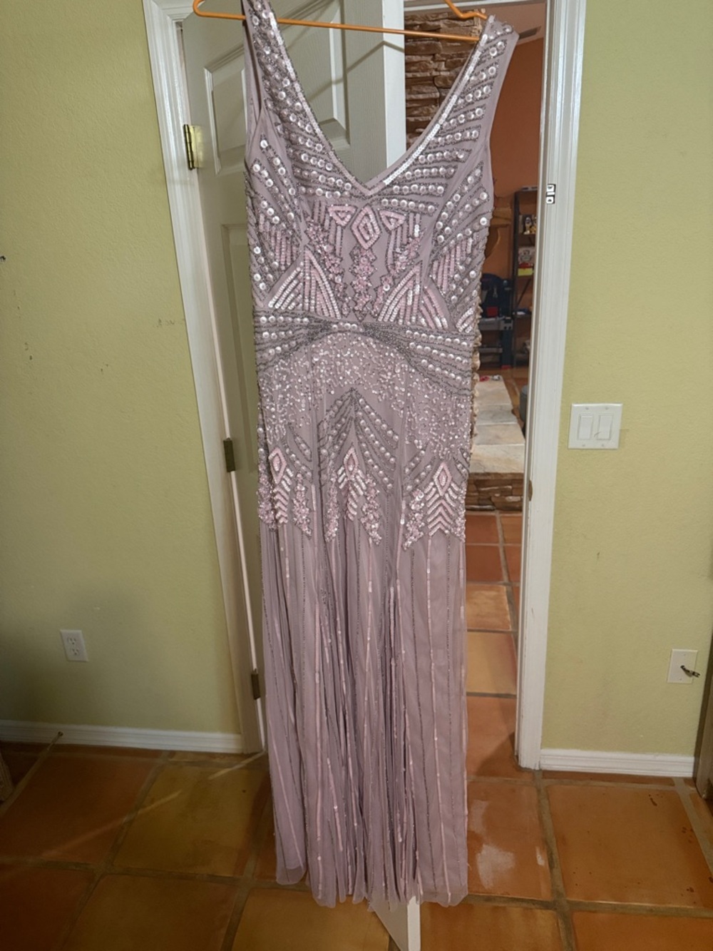 Adrianna Papell Beaded V-Neck Maxi Dress in Dusty Mauve
